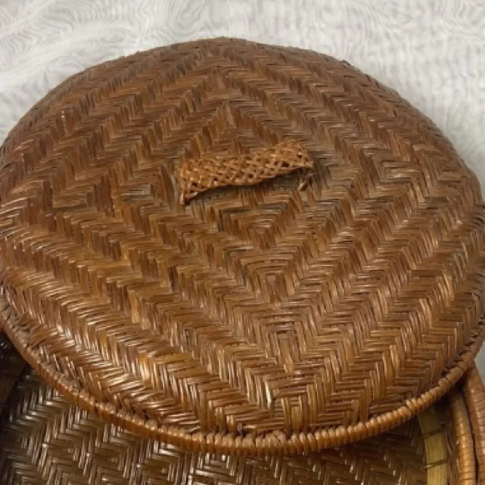 VTG, Mid Century Handcrafted Brown Woven Wicker Rattan Storage Basket with Lid